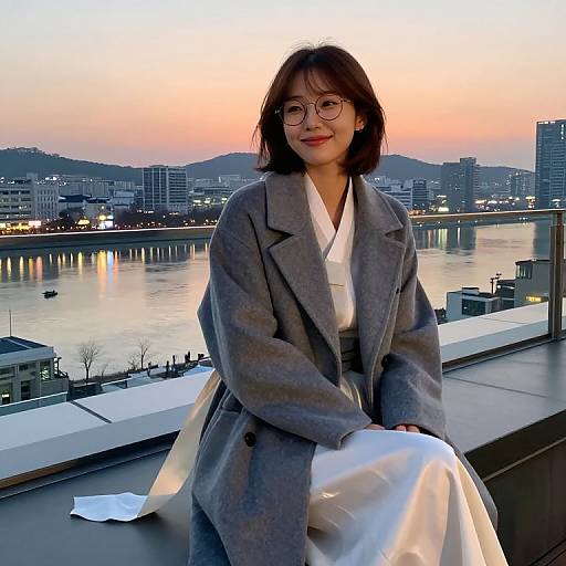 Photograph of an Asian woman with glasses and shoulder-length black hair, wearing a gray coat and white kimono, sitting on a balcony at sunset,