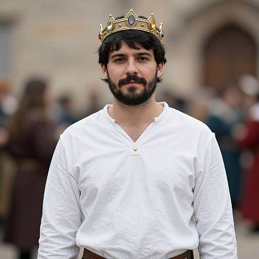 Photograph of a bearded man with dark hair wearing a gold crown and white medieval-style shirt, standing in a blurred outdoor crowd.