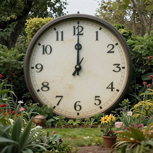 Large, vintage-style clock face with black numbers and hands, set in a lush, colorful garden with various flowers and greenery.