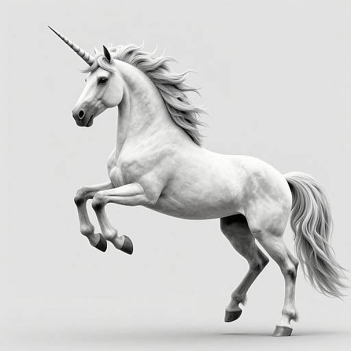 Digital illustration of a rearing white unicorn with a flowing mane and tail, sharp horn, and muscular build, against a white background.