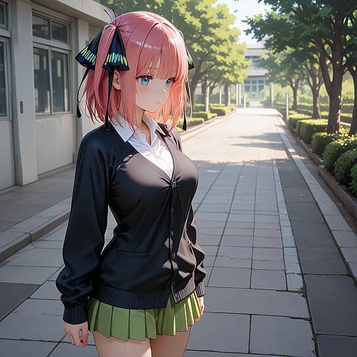 Anime Girl with Pink Hair and Butterfly Hair Ornament Outdoors