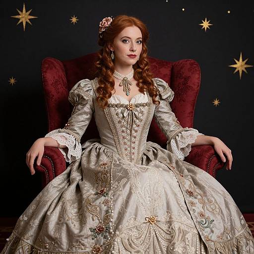Photograph of a fair-skinned, red-haired woman in an elaborate, silver-embroidered, Victorian-style gown, seated in a red velvet