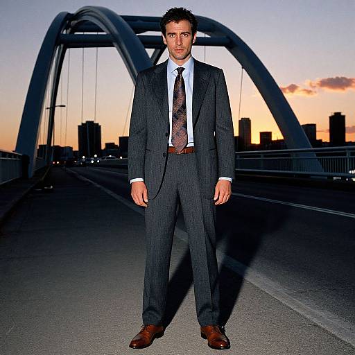 Photograph of a serious man in a dark pinstripe suit, white shirt, and patterned tie, standing on a bridge at sunset with city
