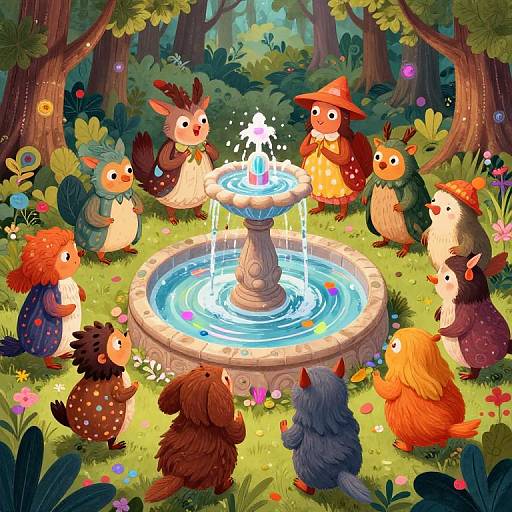 Whimsical Forest Creatures at Magical Fountain