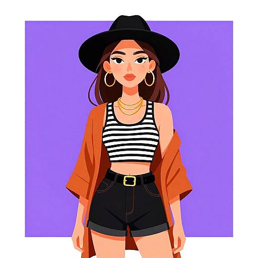 Digital illustration of a stylish woman with olive skin, black hat, hoop earrings, orange open robe, striped crop top, black shorts, and gold necklace