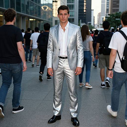 Photograph of a confident man in a shiny silver suit standing in a bustling city street, surrounded by casually dressed people.