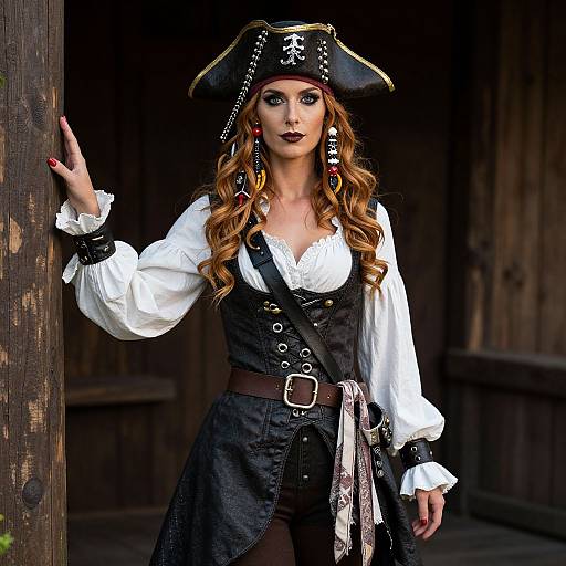 Photograph of a striking, long-haired woman in a pirate costume, with a black tricorn hat, white blouse, black vest, and belt,