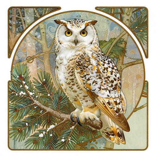 Serene Snowy Owl in Mucha Style