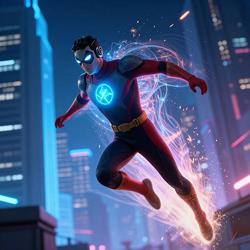 CGI image of a superhero in a blue suit with glowing emblem, neon cityscape background, dynamic pose, energy trails, and bright light effects.