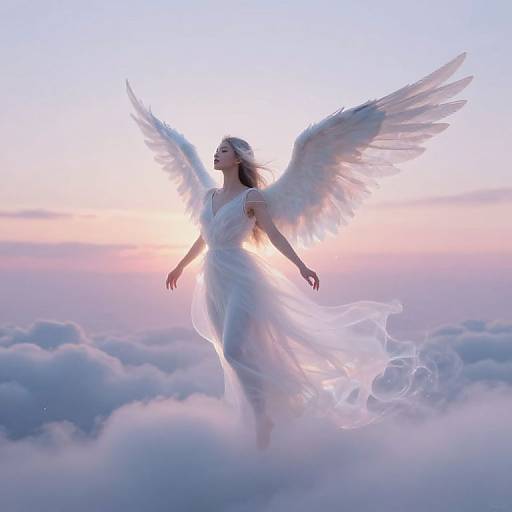 Photograph-style digital art of an ethereal angelic woman with white wings and flowing dress, floating amidst pink and blue clouds at sunrise.