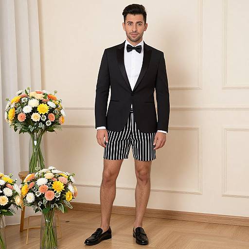 Photograph of a man in a black tuxedo jacket, white shirt, black bow tie, and black and white striped shorts, standing in front