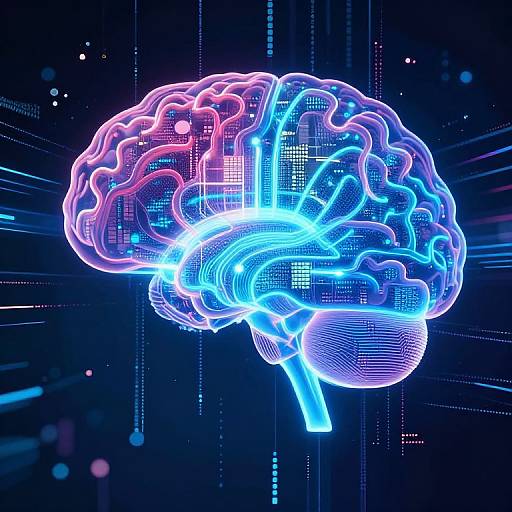 Neon-lit, digital rendering of a human brain with vibrant blue and pink outlines, set against a dark, futuristic background with glowing lines and pixels