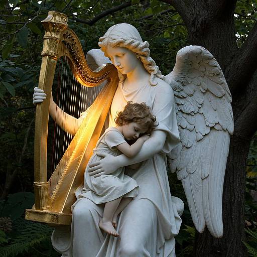 Photograph of a white marble angel with wings, holding a sleeping child, playing a glowing golden harp in a dark, leafy forest.