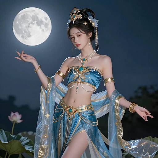 Elegant Woman in Blue and Gold Costume with Full Moon