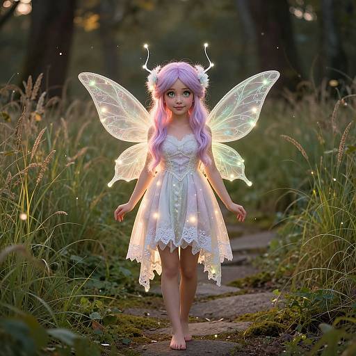 Photograph of a young woman with pastel purple hair, fairy wings illuminated by glowing lights, wearing a white lace dress, standing on a forest path