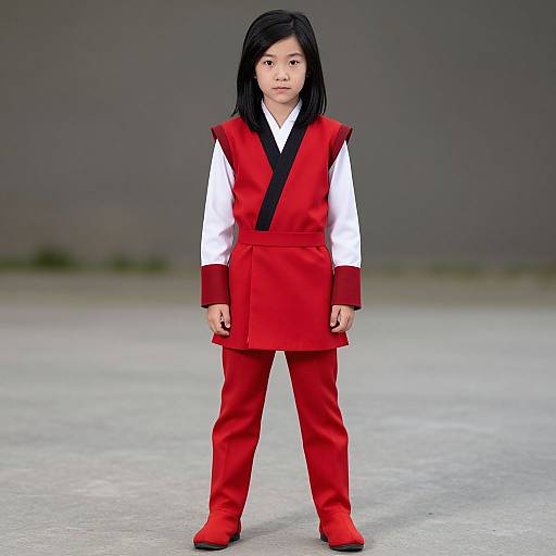 Photograph of an Asian girl with black hair, wearing a red and white traditional outfit, standing on a concrete surface.