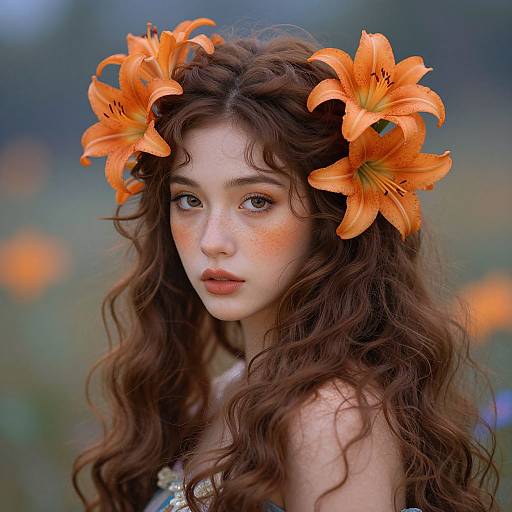 Photograph of a fair-skinned, freckled young woman with wavy brown hair, wearing orange lilies as a crown, against a blurred