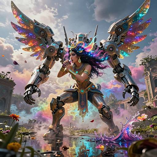 Digital art of a fierce, cyber-angelic woman with colorful, glowing wings and mechanical armor, standing powerfully in a vibrant, ruined garden.