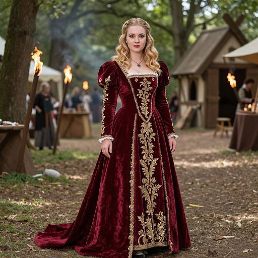 Photograph of a blonde woman in a rich, burgundy velvet gown with gold embroidery, standing in a forested medieval fairground.