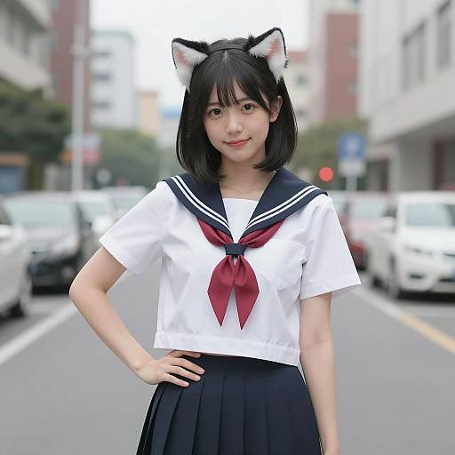 Asian Woman in Sailor Uniform Smiling