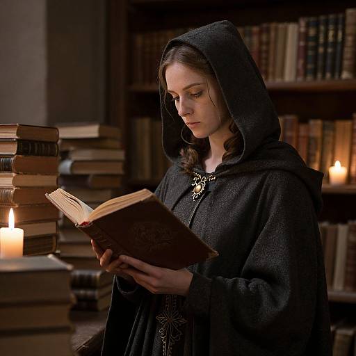 Photograph of a young woman in a dark hooded cloak, reading a book in a dimly lit, candlelit library. Stacks of books