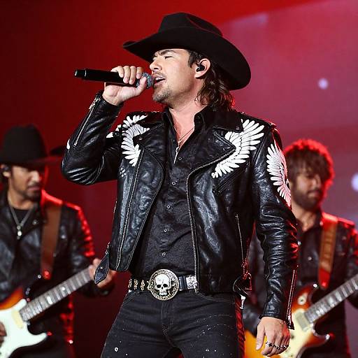 Photograph of a male singer in a black leather jacket with white wing embroidery, black hat, and black pants, passionately singing into a microphone on stage