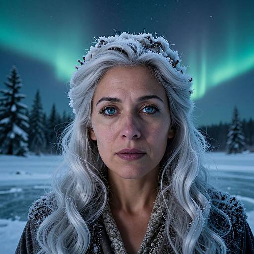Photograph of a white-haired woman with blue eyes, frost-covered hair, and winter cloak, standing in a snowy landscape with aurora borealis.