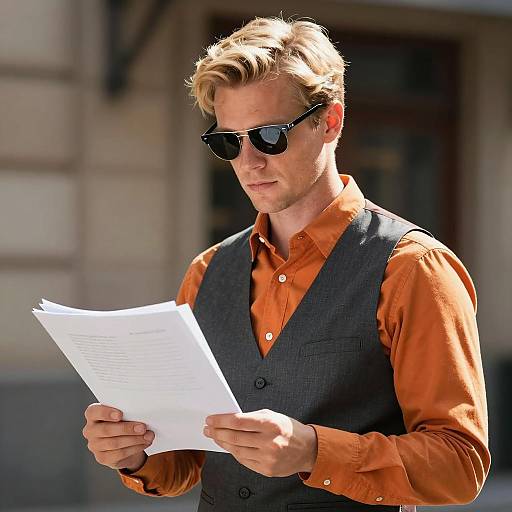 Blonde Man in Orange Outfit with Papers