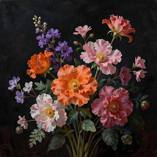 Vibrant floral still life: Bright orange, pink, purple, and white flowers with green leaves against a dark black background. Realistic, detailed
