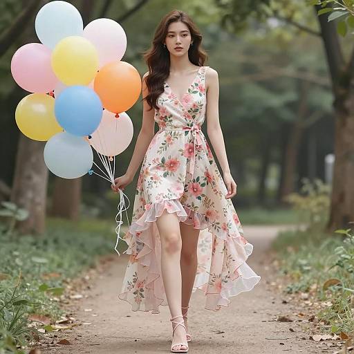 Young Woman in Floral Dress with Balloons Outdoors