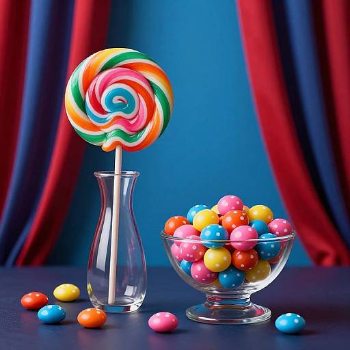 Photograph of a colorful swirl lollipop in a glass vase next to a glass bowl filled with multicolored candy, set against red and blue draped