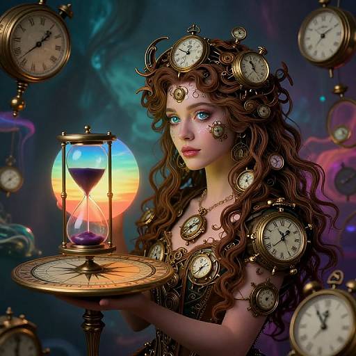 Steampunk art: Beautiful woman with curly brown hair, clock face headpiece, holding hourglass, surrounded by floating clocks, against a colorful,
