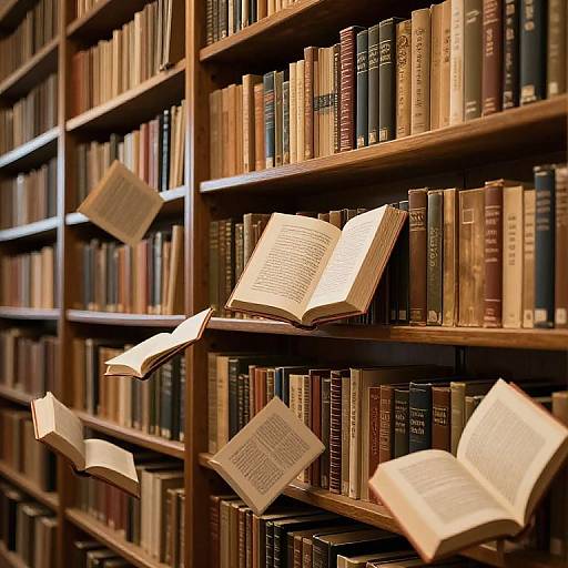 Photograph of a wooden bookshelf filled with various books, with several open books floating mid-air in front of the shelves.