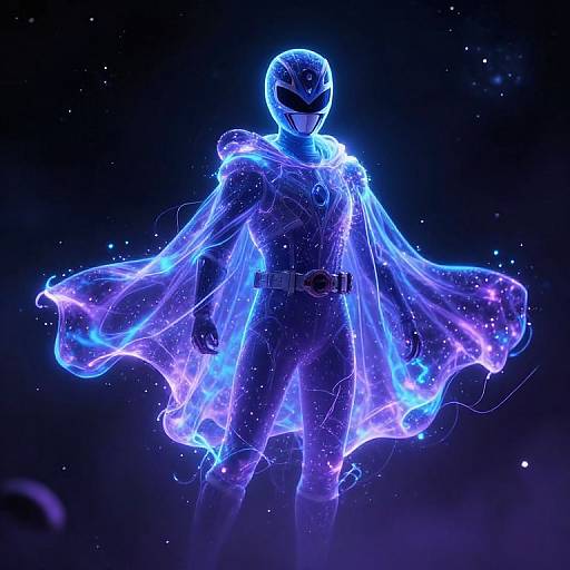 Digital artwork of a glowing, blue and purple, superhero with a transparent, flowing cape against a starry night sky background.