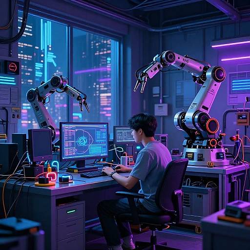 Cyberpunk scene: Young man in blue shirt, coding at futuristic desk with robotic arms, neon-lit cityscape visible through large window.