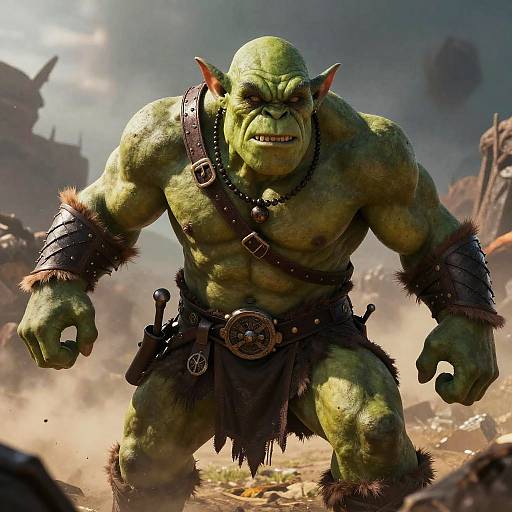Photorealistic CGI of a muscular green orc with pointed ears, fierce expression, wearing leather armor, and a fur loincloth, standing in a
