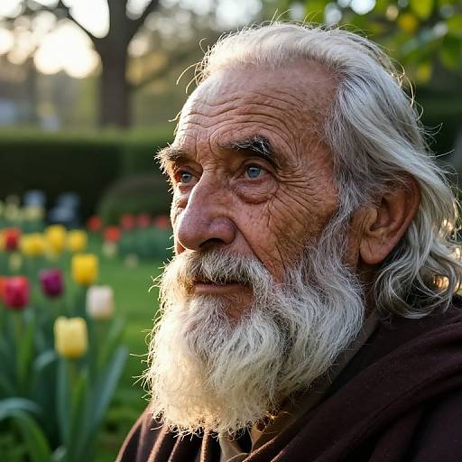 Photograph of an elderly man with a long white beard and blue eyes, sitting in a sunlit garden filled with colorful tulips.