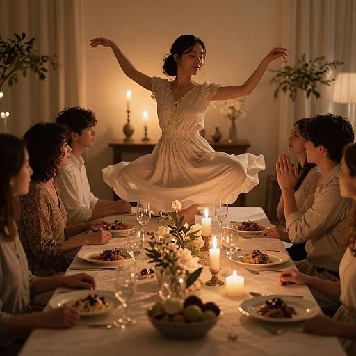 Photograph of a woman in a white dress dancing on a dinner table, surrounded by six seated guests in a warmly lit, elegant room. Candles