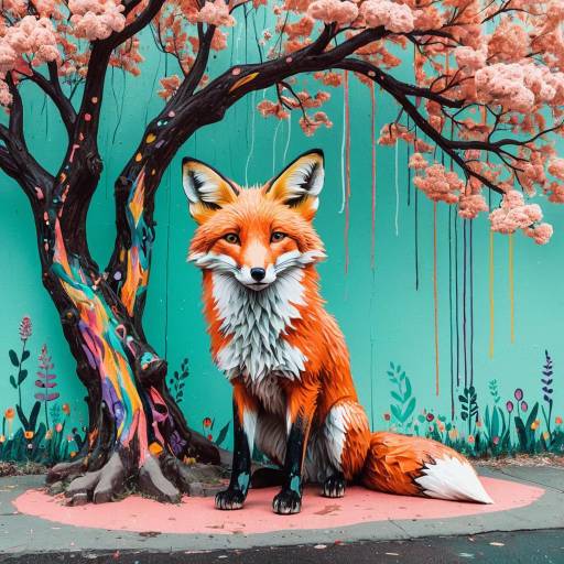 Whimsical Fox Under Colorful Tree Mural