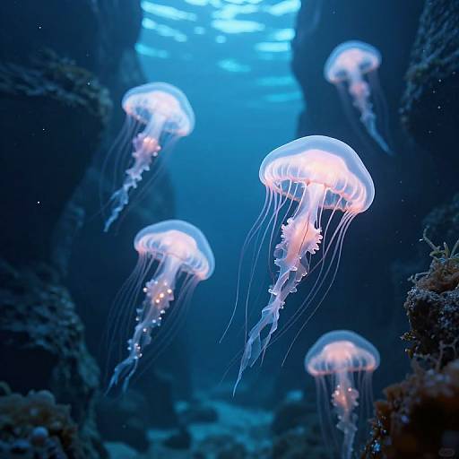 Photograph of glowing, translucent jellyfish with delicate, flowing tentacles swimming in a dark, blue underwater cave illuminated by light from above.