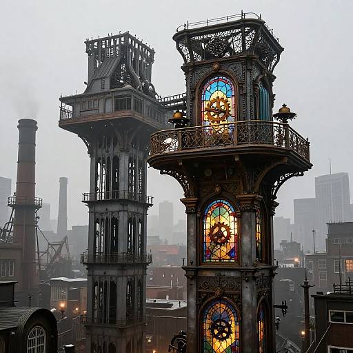 Photograph of steampunk-style clock towers with vibrant stained glass windows, set against a foggy industrial cityscape with chimneys and factories.