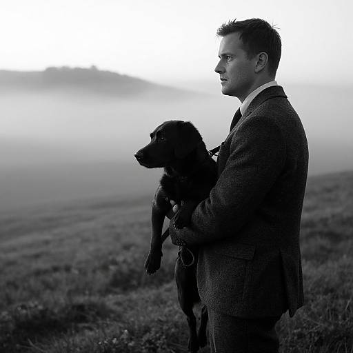 Black-and-white photograph of a man in a suit standing sideways, holding a black dog, against a misty, grassy field background.