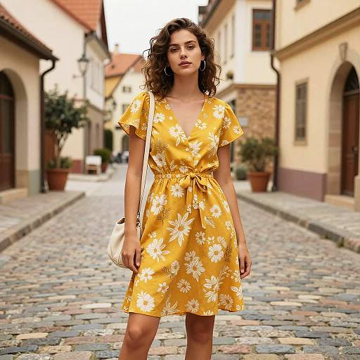 Photograph of a curly-haired woman in a yellow floral dress, standing on a cobblestone street in a quaint European village.