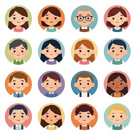 Cartoon-style illustration of 16 diverse children with different hair colors, styles, and clothing, arranged in a 4x4 grid. Each child