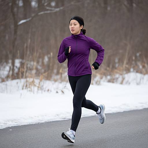 Photograph of an Asian woman jogging on a snowy path wearing a purple jacket, black pants, white sneakers, and black gloves.