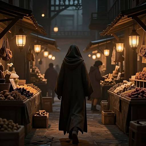 Moody 3D Marketplace with Cloaked Figure