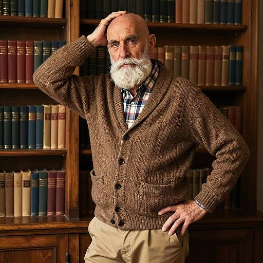 Elderly Man in Rustic Library