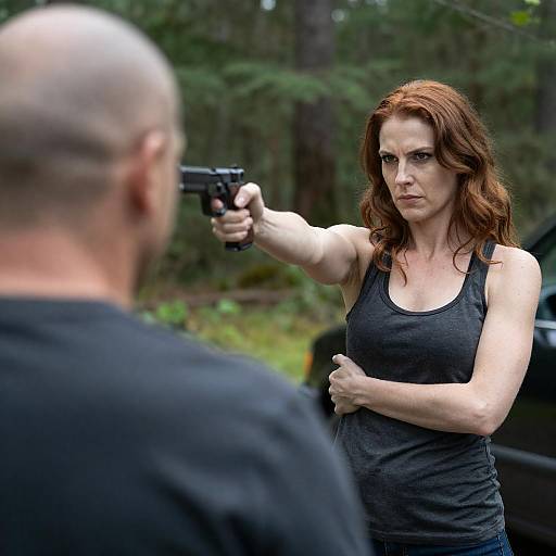 Woman Aiming Gun at Bald Man in Forest