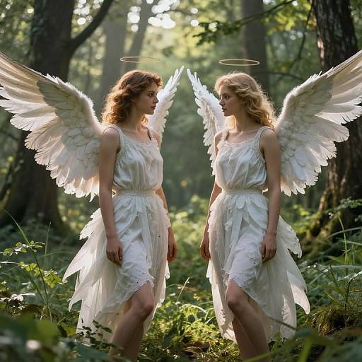 Photograph of two ethereal, white-winged women with halos, wearing flowing white dresses, standing in a sunlit forest, facing each other
