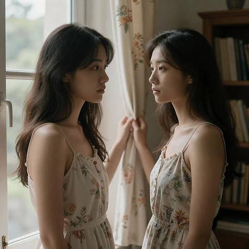 Young Women by Window in Floral Dresses